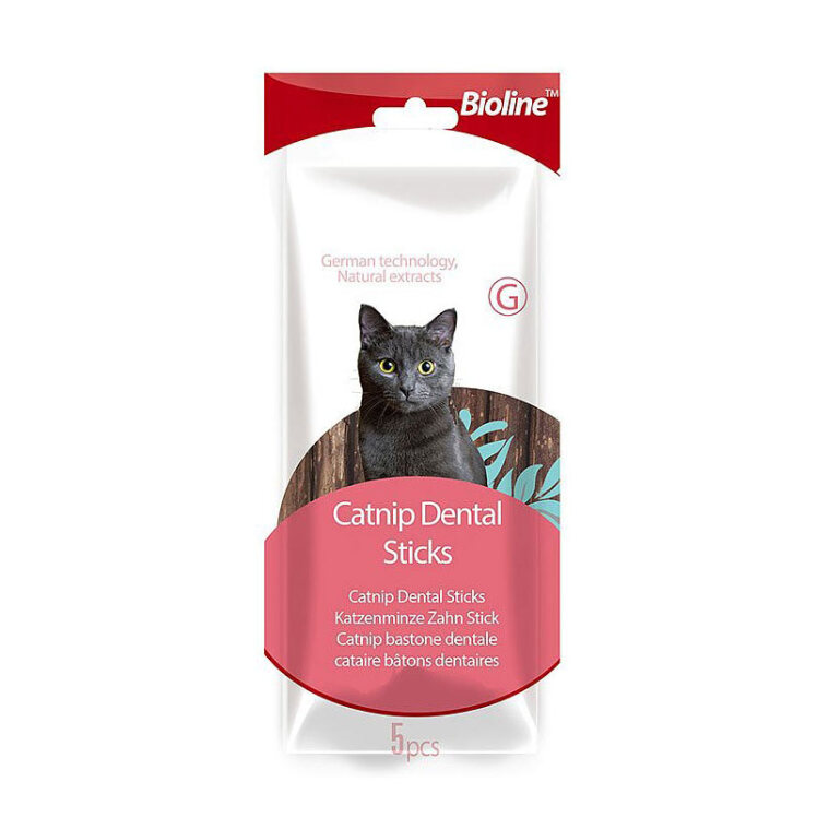 عکس بسته بندی تشویقی دنتال گربه بایولاین با طعم کت نیپ بسته 5 عددی