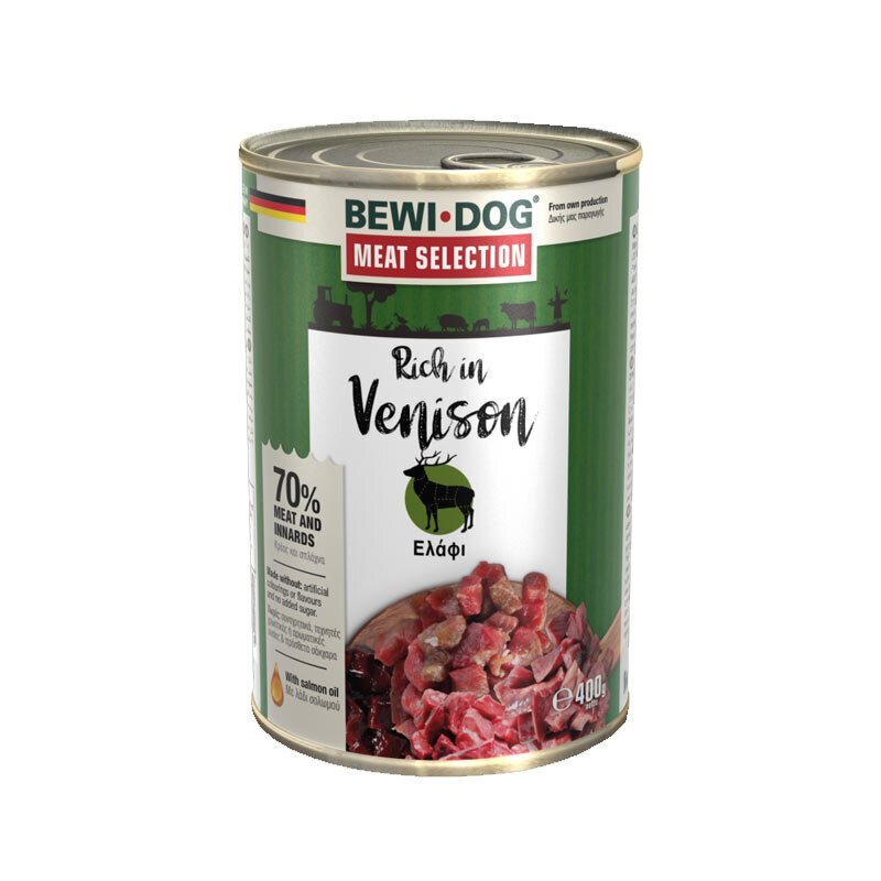  تصویر کنسرو غذای سگ بوی داگ با طعم گوشت گوزن وزن 800 گرم از نمای رو به رو 