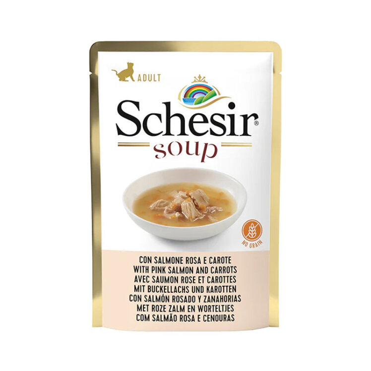 تصویر پوچ گربه شسیر با طعم ماهی سالمون و هویج در سوپ