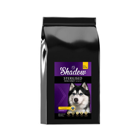 تصویر بسته‌بندی غذای خشک سگ بالغ شدو مدل Shadow Sterilised Maxi Adult وزن 15 کیلوگرم از نمای جلو