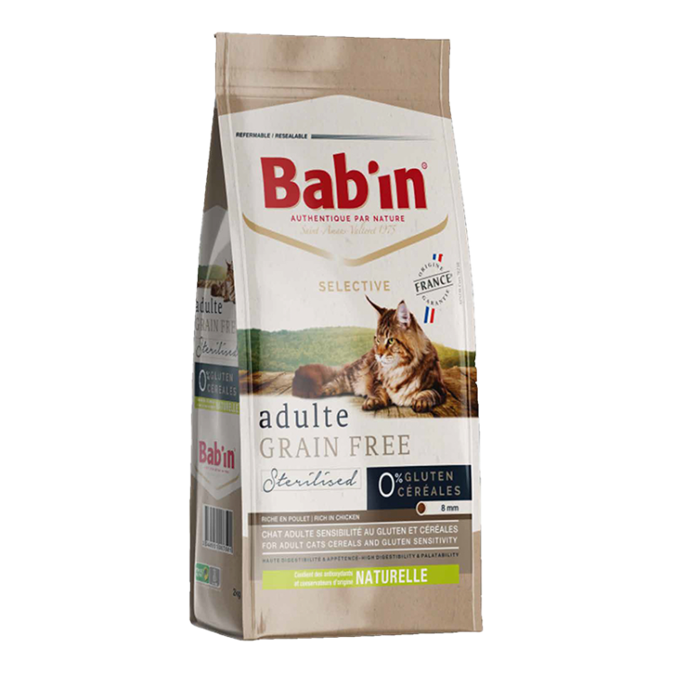 غذای خشک گربه بالغ مدل عقیم شده بدون غلات بابین وزن 8 کیلوگرم