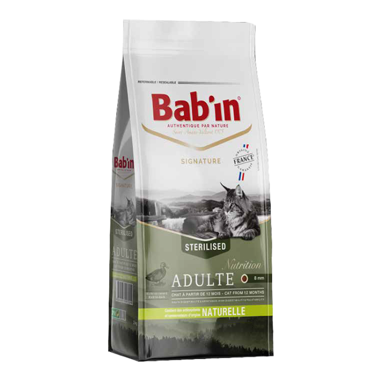 غذای خشک گربه بالغ مدل عقیم شده با طعم اردک بابین وزن 8 کیلوگرم