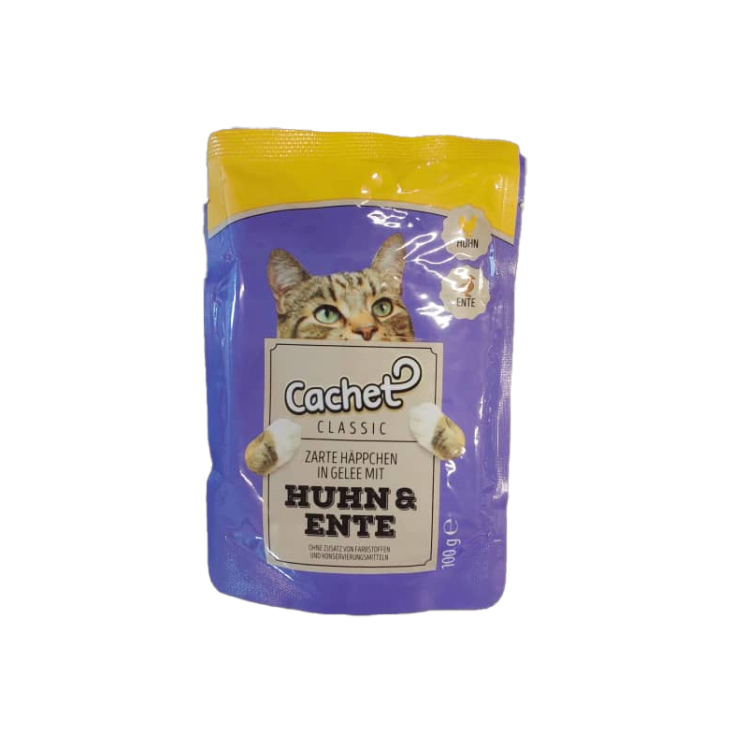 تصویر پوچ گربه کچت با طعم مرغ و اردک Cachet chicken and duck وزن 100 گرم