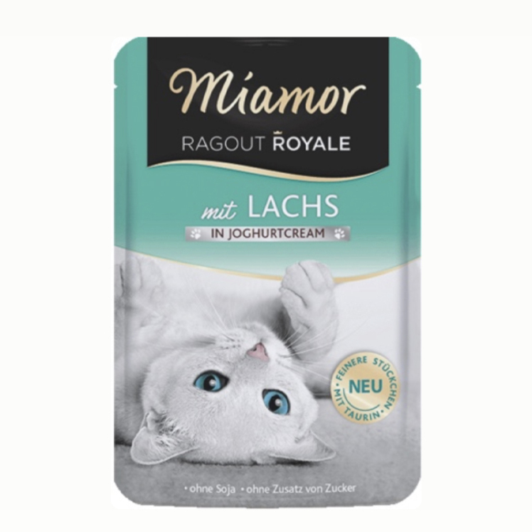 تصویر پوچ گربه میامور گورمت با طعم ماهی قزلآلا در سس خامه و ماست وزن 100 گرم