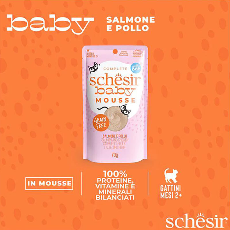  عکس محتویات پوچ بچه گربه شسیر با طعم مرغ و سالمون Schesir Baby Mousse Chicken & Salmon وزن 70 گرم 