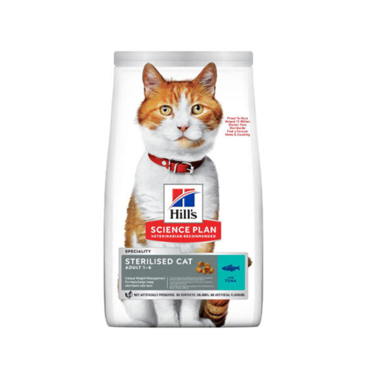 عکس بسته بندی غذای خشک مخصوص گربه هیلز عقیم شده با طعم ماهی تن وزن 1.5 کیلوگرم