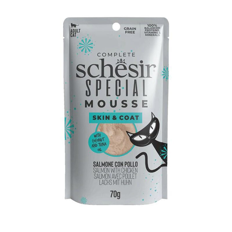 تصویر بسته‌بندی پوچ گربه مخصوص تقویت پوست و مو شسیر با طعم ماهی سالمون و مرغ Schesir Special Skin and Coat وزن 70 گرم