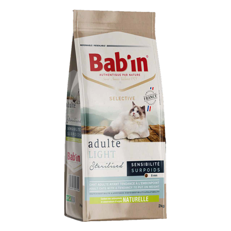 غذای خشک گربه بالغ مدل عقیم شده لایت با طعم مرغ بابین وزن 2 کیلوگرم