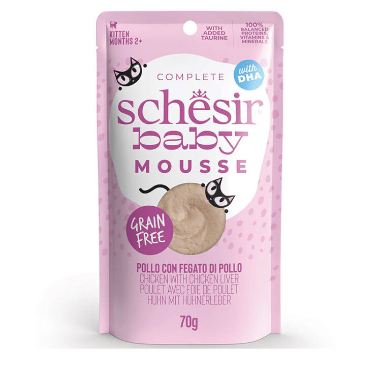 عکس بستهبندی پوچ بچه گربه شسیر با طعم مرغ و جگر مرغ Schesir Baby Mousse With Chicken and Chicken Liver وزن 70 گرم