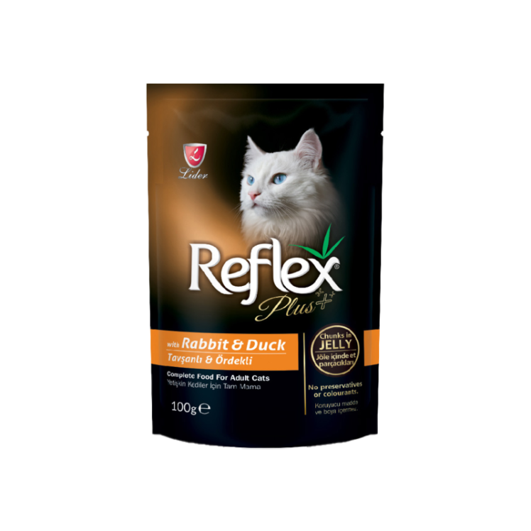 پوچ گربه رفلکس پلاس مدل گوشت اردک و خرگوش در ژله وزن 100 گرم