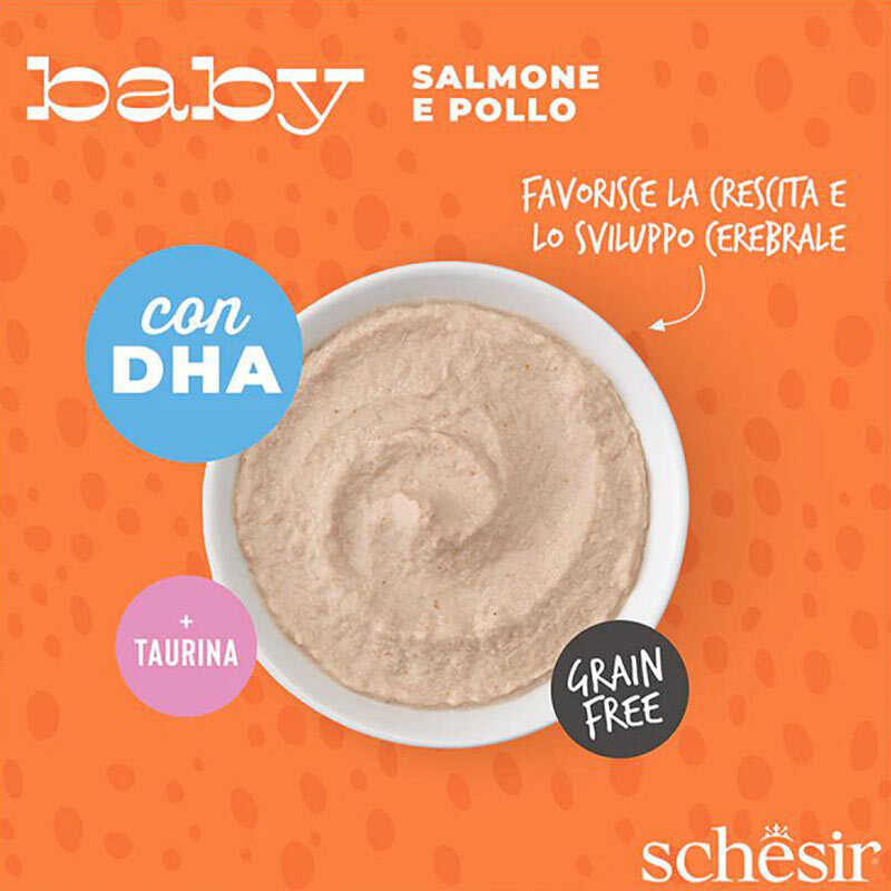  عکس ویژگی‌های پوچ بچه گربه شسیر با طعم مرغ و سالمون Schesir Baby Mousse Chicken & Salmon وزن 70 گرم 