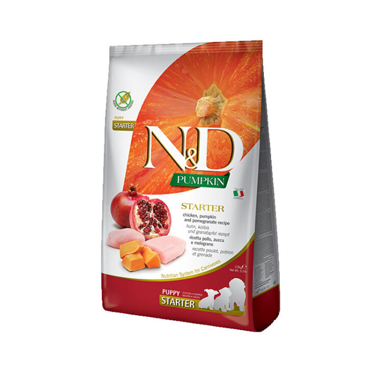 تصویر بسته بندی غذای خشک توله سگ با طعم مرغ و انار ان اند دی وزن 800 گرم