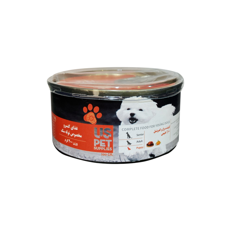 کنسرو غذای توله سگ یو اس پت مدل مرغ و کدو حلوایی وزن 200 گرم