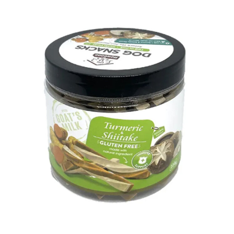 تصویر تشویقی سگ بدون گلوتن هابون با طعم شیر بز، زردچوبه و قارچ وزن 220 گرم