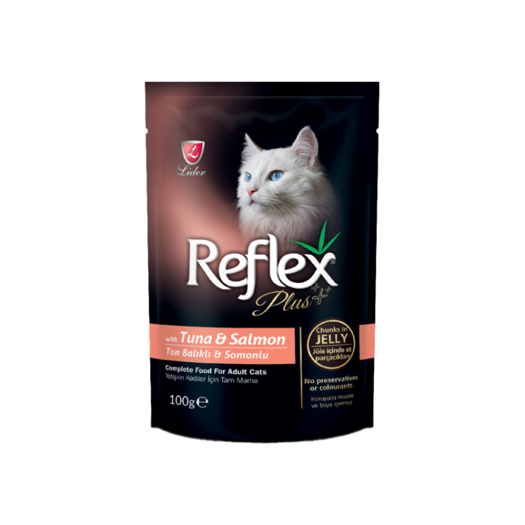 پوچ گربه رفلکس پلاس مدل ماهی تن و سالمون در ژله وزن 100 گرم