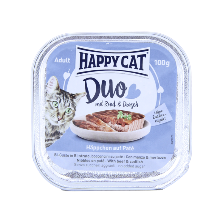 خوراک کاسه ای گربه هپی کت با طعم گوشت و ماهی کاد وزن 100 گرم