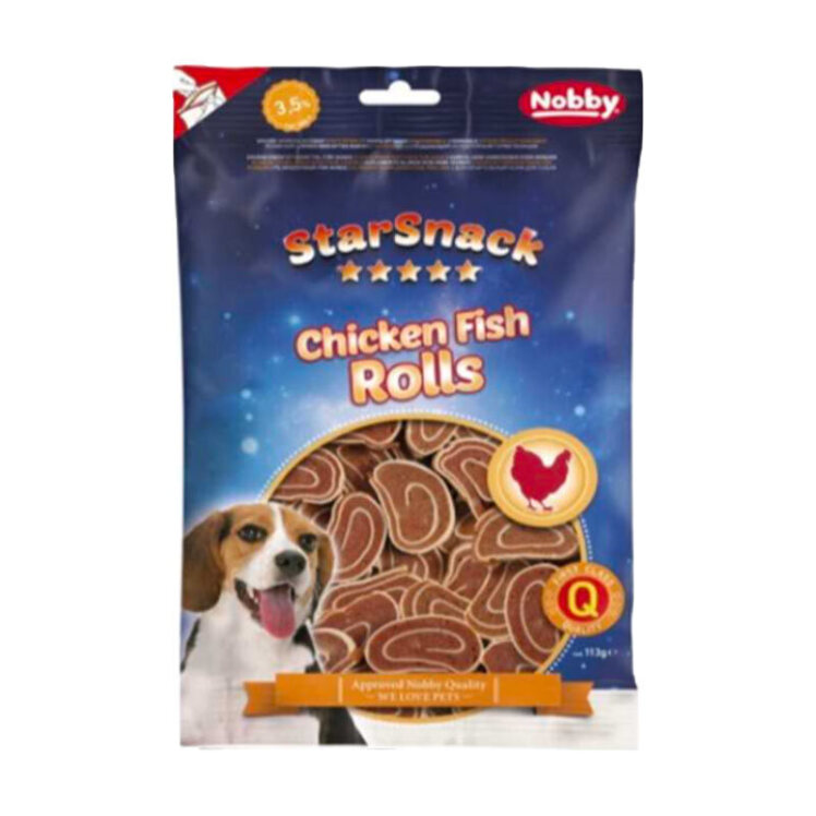 تصویر تشويقي رولی سگ نوبی با طعم گوشت مرغ و ماهي وزن 113 گرم