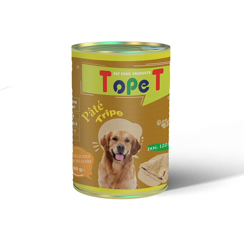  عکس کنسرو غذای سگ تاپت با طعم سیرابی وزن 400 گرم از زاویه جلو 