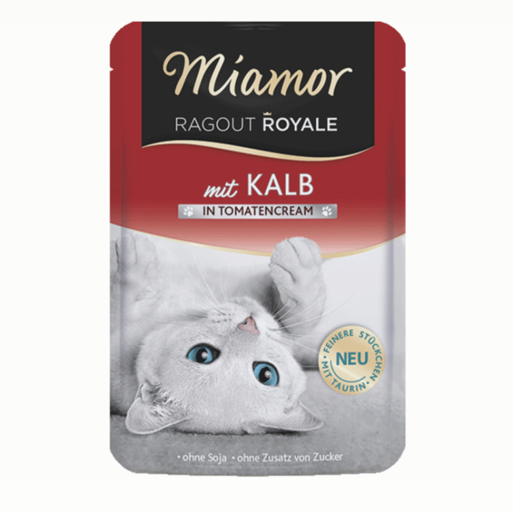 تصویر پوچ گربه میامور گورمت با طعم گوساله در سس خامه و گوجه فرنگی وزن 100 گرم