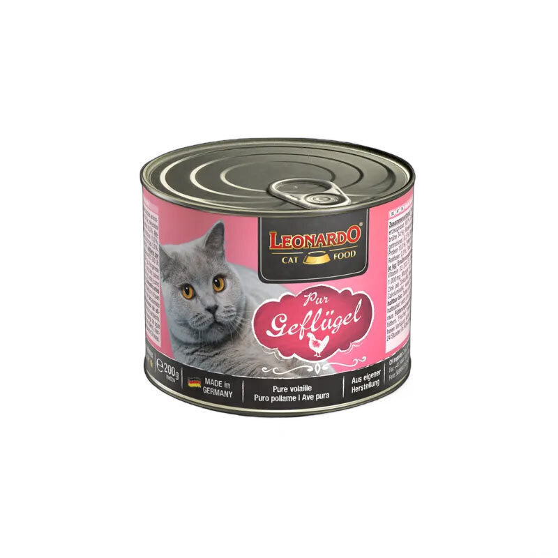  تصویر کنسرو غذای گربه لئوناردو با طعم گوشت پرندگان وزن 200 گرم از نمای رو به رو 