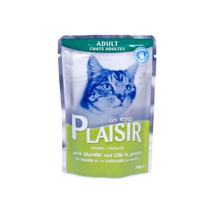 پوچ گربه پلایزر مدل ماهی سالمون و ماهی کاد وزن 100 گرم