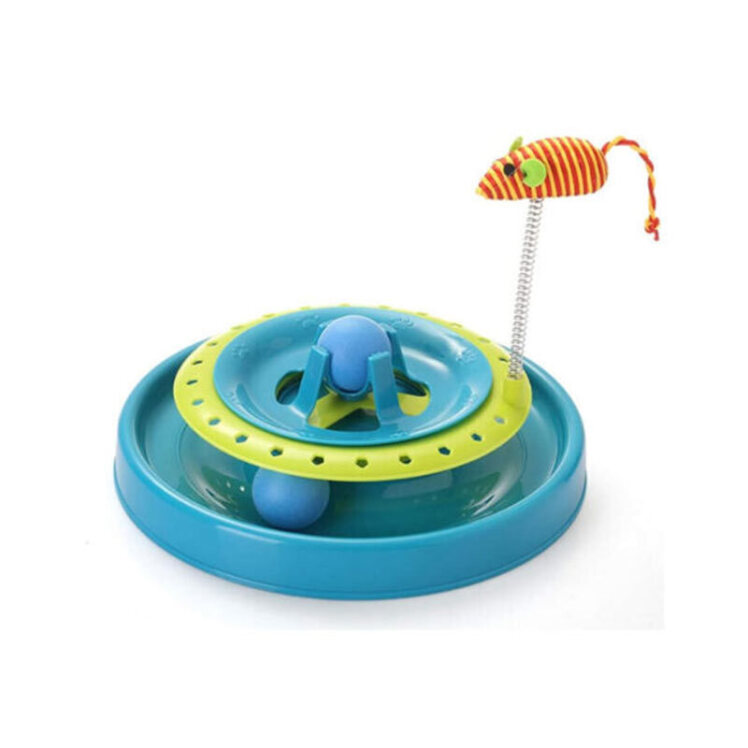 عکس اسباب بازی توپ چرخشی مخصوص گربه با موش فنری رنگ آبی