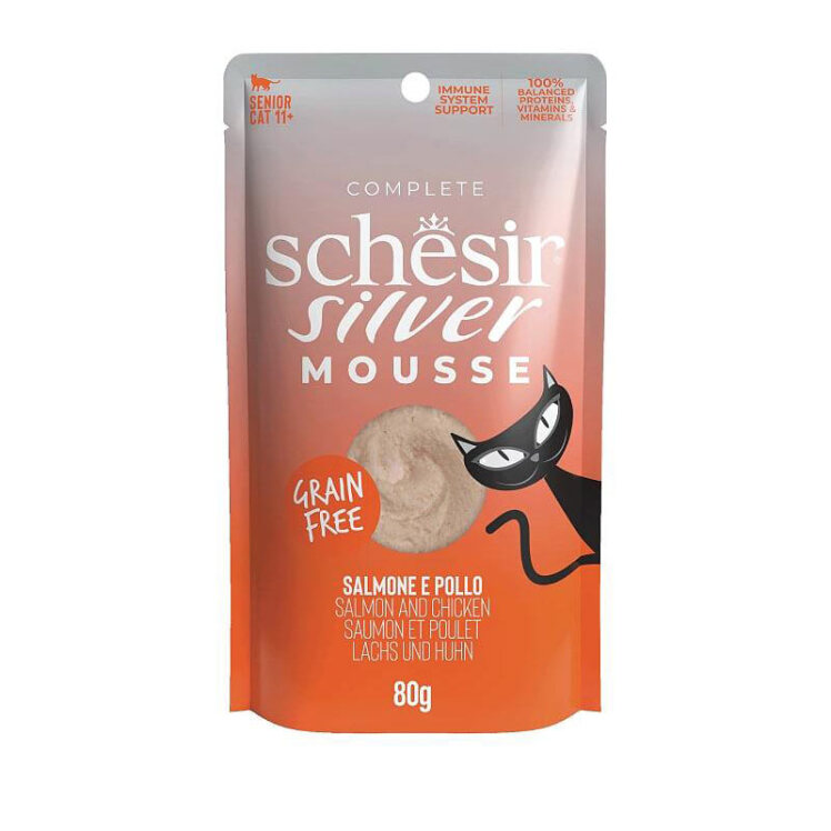 عکس بسته‌بندی پوچ گربه سیلور شسیر با طعم ماهی سالمون و مرغ Schesir Silver Mousse Chicken & Salmon وزن 80 گرم