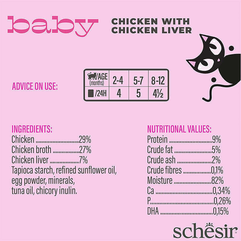  عکس توضیحات پوچ بچه گربه شسیر با طعم مرغ و جگر مرغ Schesir Baby Mousse With Chicken and Chicken Liver وزن 70 گرم 