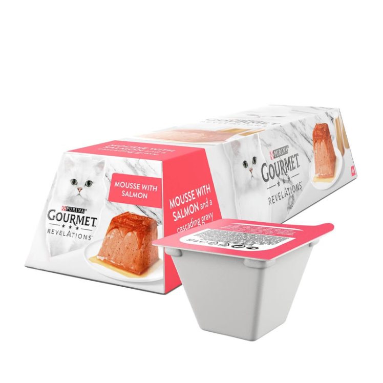 تصویر بسته بندی غذای کاسه ای گربه با بافت موس گورمت با طعم ماهی سالمون