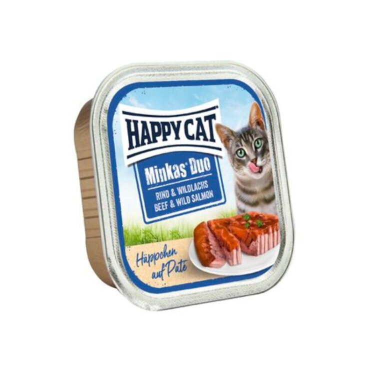 تصویر غذای کاسه ای گربه هپی کت با طعم گوشت و سالمون وزن 100 گرم