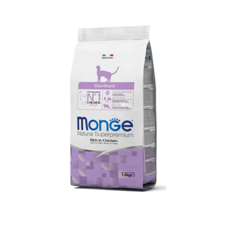 تصویر غذای خشک مخصوص گربه عقیم شده مونژ با طعم مرغ وزن 1.5 کیلوگرم