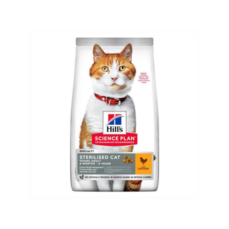 عکس بسته‌بندی غذای خشک مخصوص گربه هیلز عقیم شده با طعم مرغ وزن 3 کیلوگرم