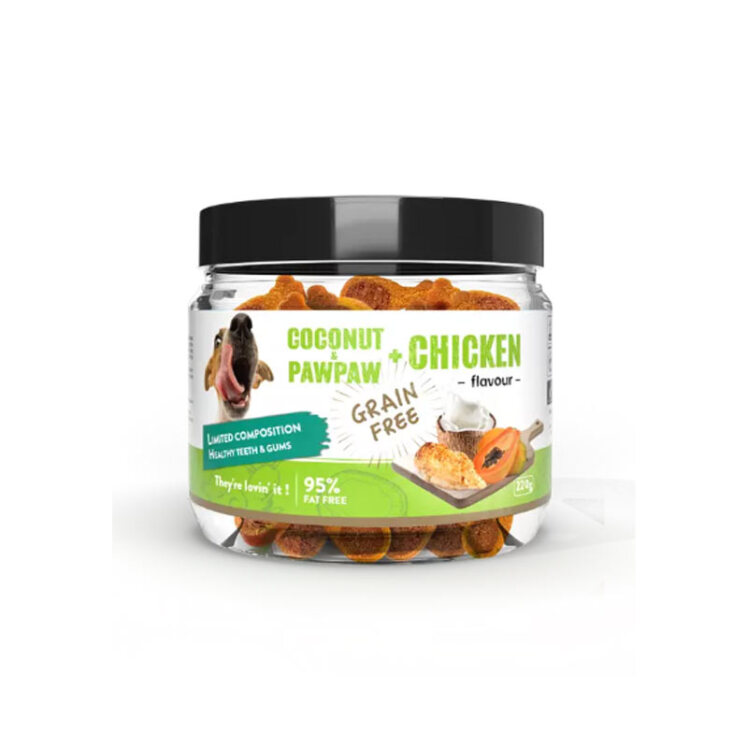 تصویر 1 تشویقی سگ بدون دانه هابون با طعم شیر نارگیل، پاپایا و مرغ وزن 200 گرم