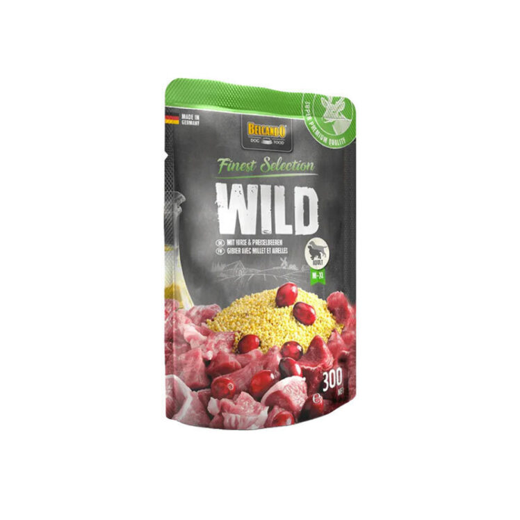 تصویر پوچ سگ بلکاندو با طعم گوشت گوزن, ارزن و ذغال‌اخته وزن 300 گرم از نمای رو به رو