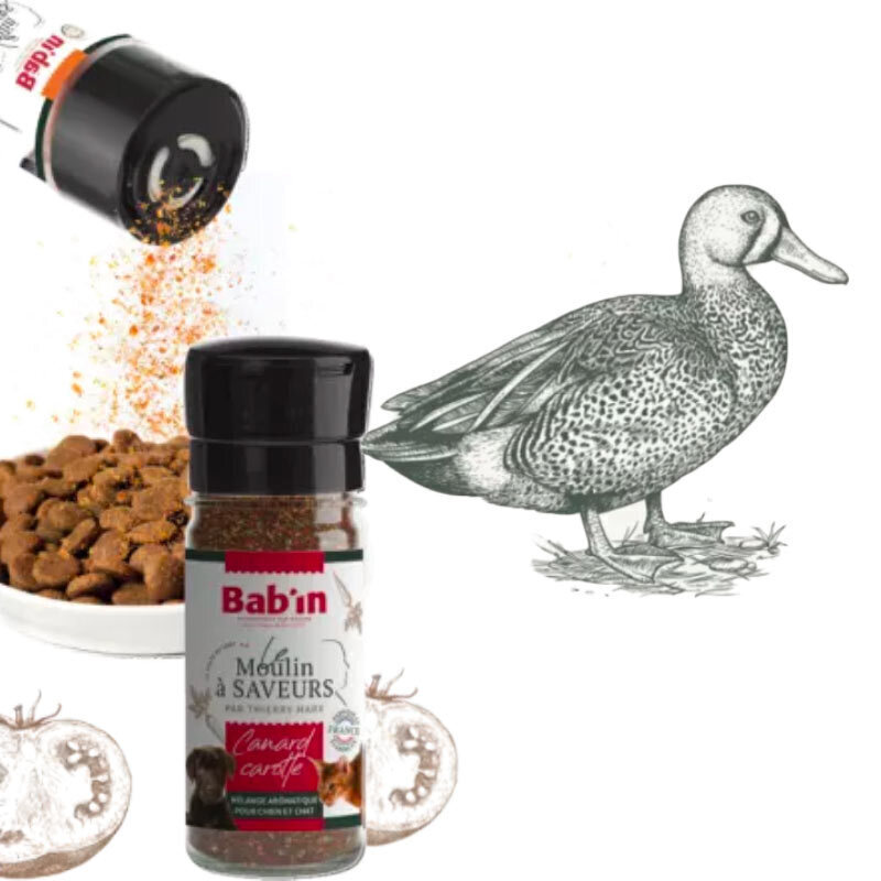  تصویر توضیحات پودر طعم دهنده غذای خشک سگ و گربه با طعم اردک و هویج بابین وزن 45 گرم 
