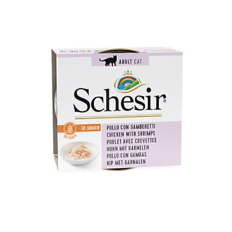 تصویر کنسرو غذا گربه شسیر با طعم مرغ و میگو در سس وزن 70 گرم از نمای رو به رو