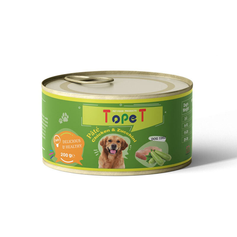  عکس کنسرو غذای سگ تاپت با طعم مرغ وزن 200 گرم از نمای جلو 