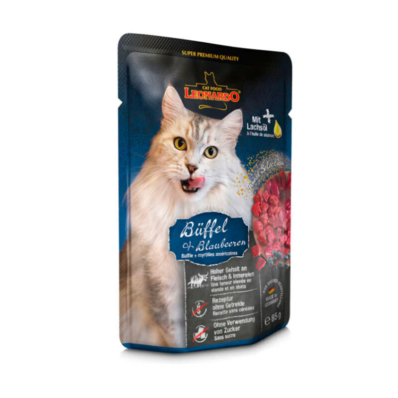  تصویر پوچ گربه لئوناردو با طعم گوشت بوفالو و بلوبری وزن 85 گرم از نمای رو به رو 