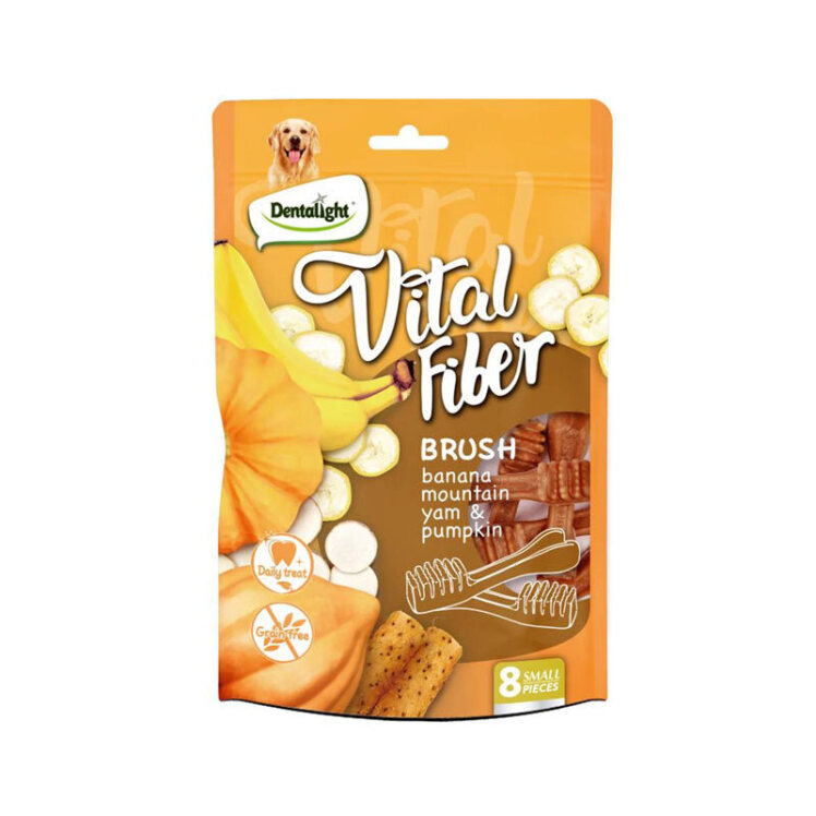 تصویر تشویقی سگ ویتال فیبر دنتالایت با طعم موز، یام کوهی و کدو بسته 8 عددی