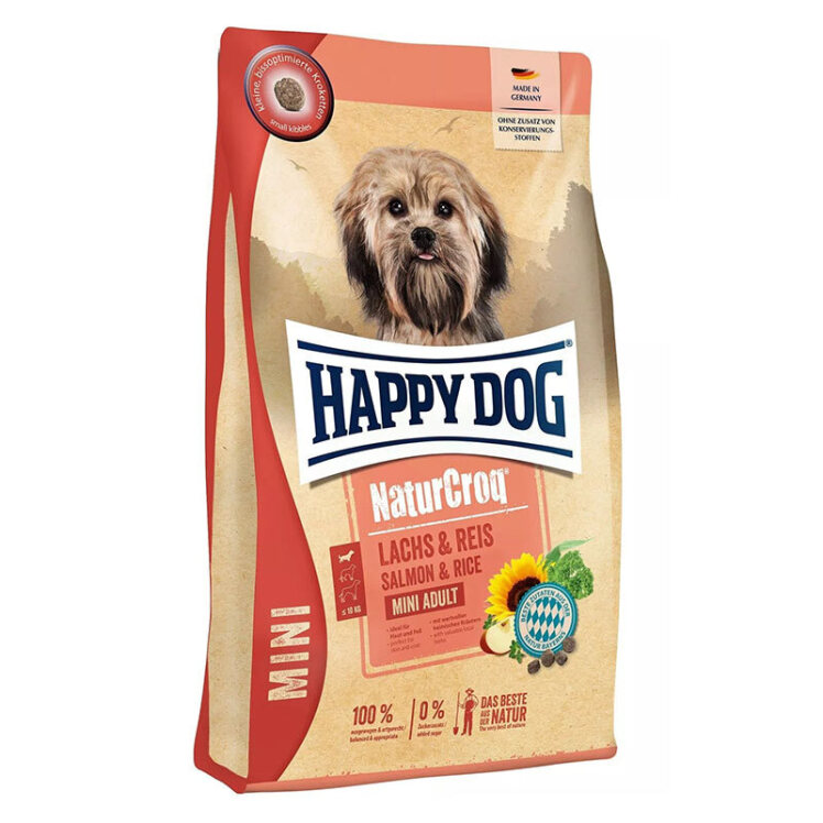 عکس بستهبندی غذای خشک سگ بالغ نژاد کوچک هپی داگ با طعم مرغ و سالمون وزن 4 کیلوگرم