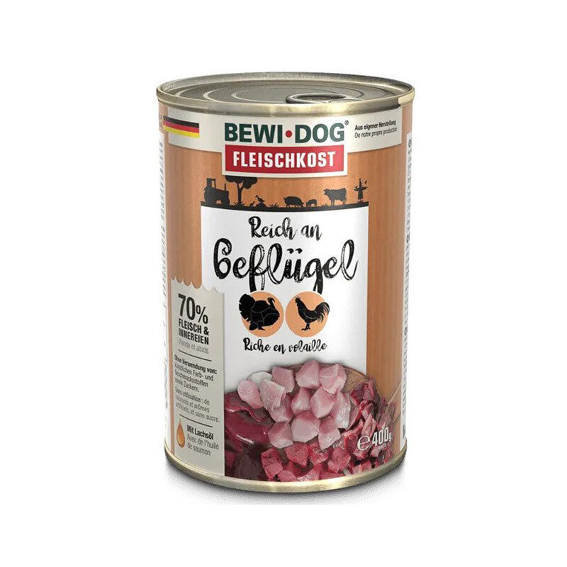  تصویر کنسرو غذای سگ بوی داگ با طعم گوشت پرندگان وزن 800 گرم از نمای رو به رو 