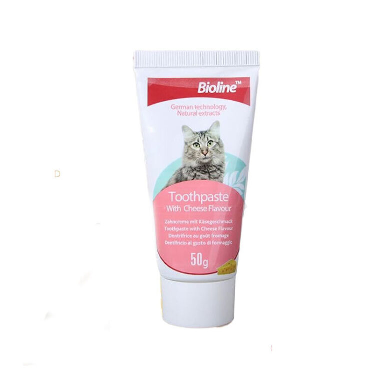عکس بسته بندی خمیر دندان گربه بایولاین با طعم پنیر وزن 50 گرم